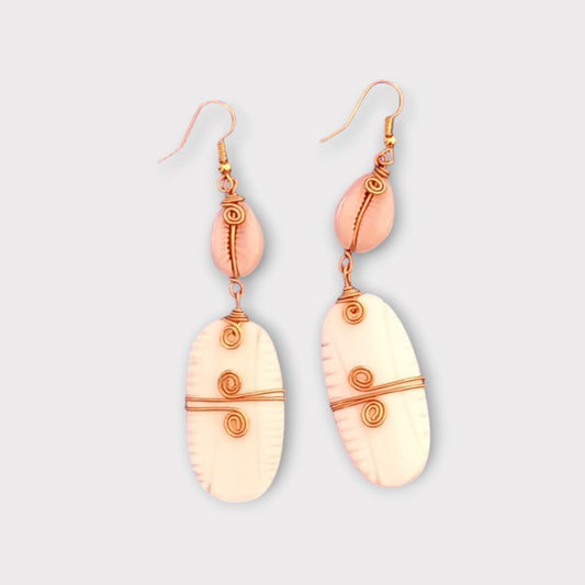Kenyan handcrafted bone and cowrie shell etched oval earrings