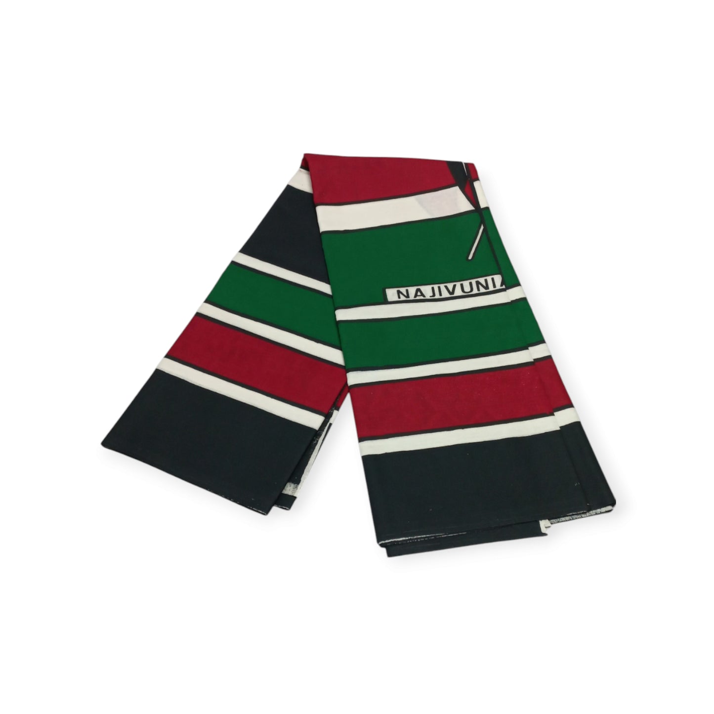 Pair of 100% Cotton Lesos featuring the Kenyan National Flag and "NAJIVUNIA KUA MKENYA " inscription, proudly made by Rivatex in Kenya.