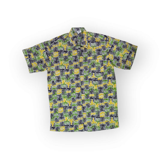Authentic Rivatex short-sleeve shirt, yellow, green, and blue geometric design, famously worn by Uhuru Kenyatta, Made in Kenya.
