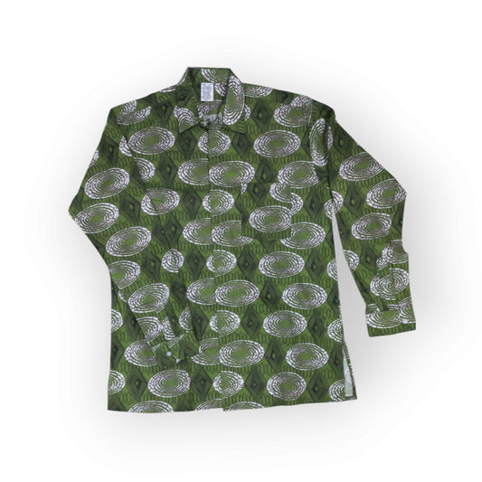 Rivatex Presidential shirt with dark green background and white oval/diamond pattern, made in Kenya.