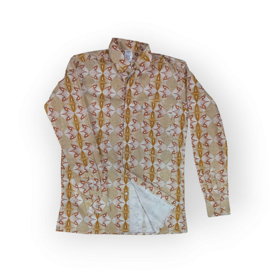 Beige Rivatex shirt with a unique orange and brown geometric print, part of the Presidential collection, proudly made in Kenya.