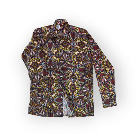 Men's long-sleeve Rivatex shirt featuring a sophisticated red kitenge pattern, perfect for a distinguished look.