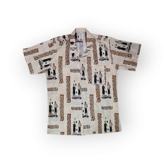 Rivatex Presidential shirt with beige background and brown/black tribal figure pattern, made in Kenya.