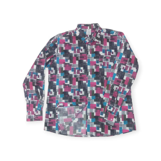 Long-sleeved 'Uhuru' shirt made in Kenya by Rivatex, featuring a modern geometric pattern in pink, black, grey, and blue.