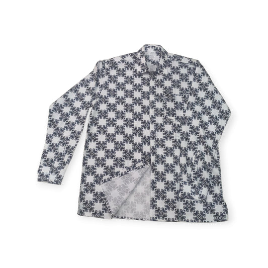 Rivatex Presidential long-sleeve shirt with a white background and subtle dark grey floral pattern, made in Kenya.