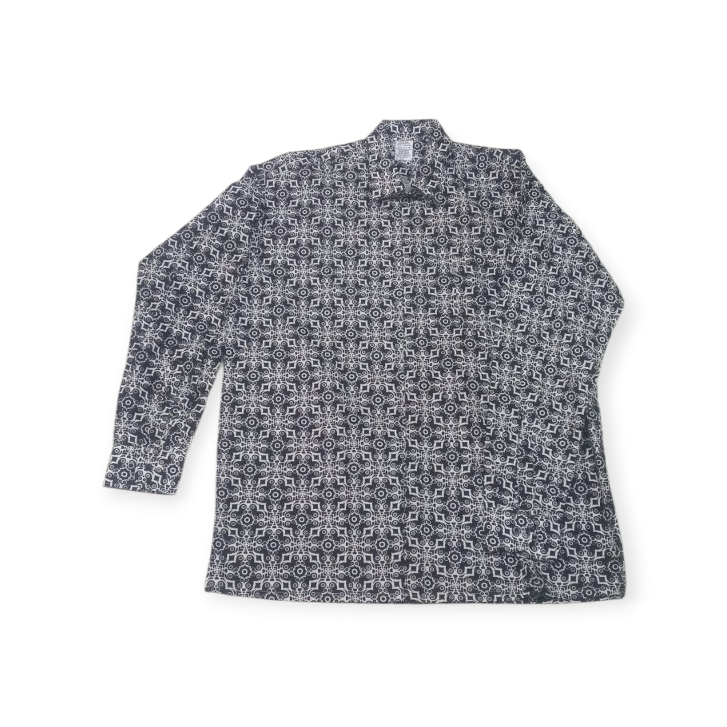 Stylish long-sleeved cotton button-down 'Uhuru' shirt made in Kenya by Rivatex, with a detailed abstract geometric design.