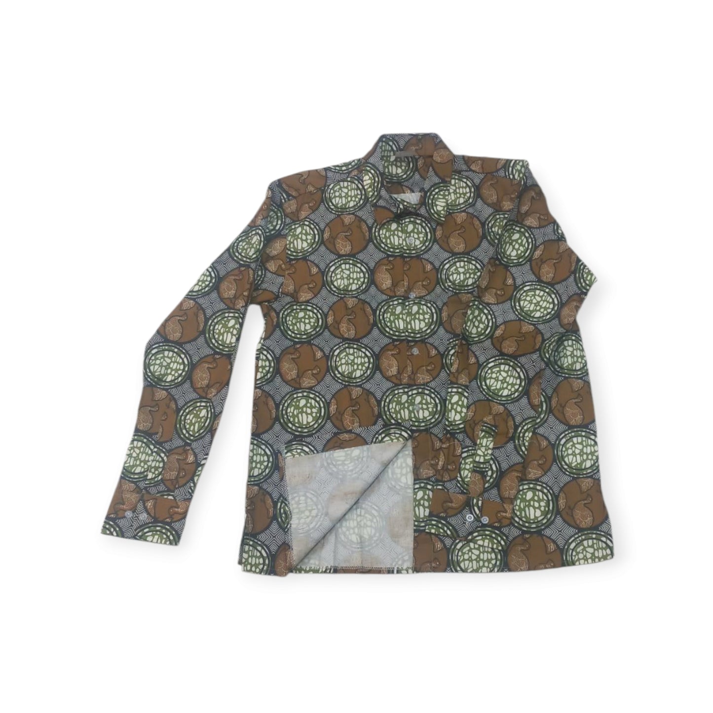 Kenyan-made Kitenge Uhuru shirt: a comfortable and fashionable choice with a distinctive brown, green, grey, and white pattern.