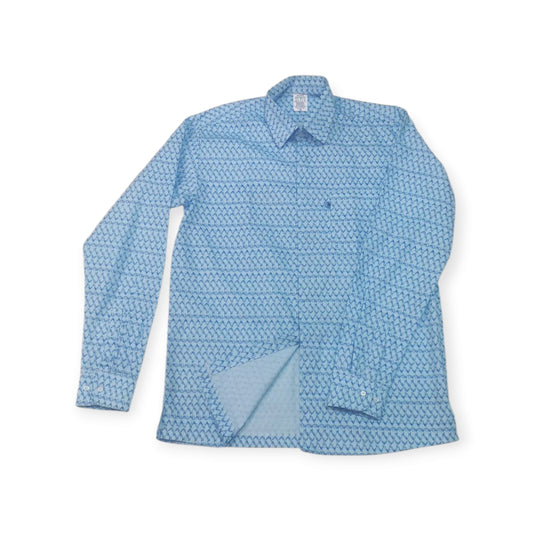 Kenyan-made Uhuru shirt: a comfortable and fashionable choice with a distinctive blue triangle pattern.