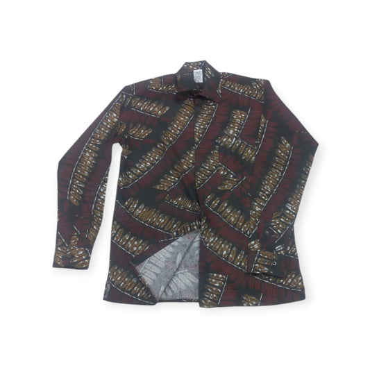 Stylish long-sleeved cotton button-down 'Uhuru' shirt made in Kenya by Rivatex, with a vibrant and unique kitenge print.