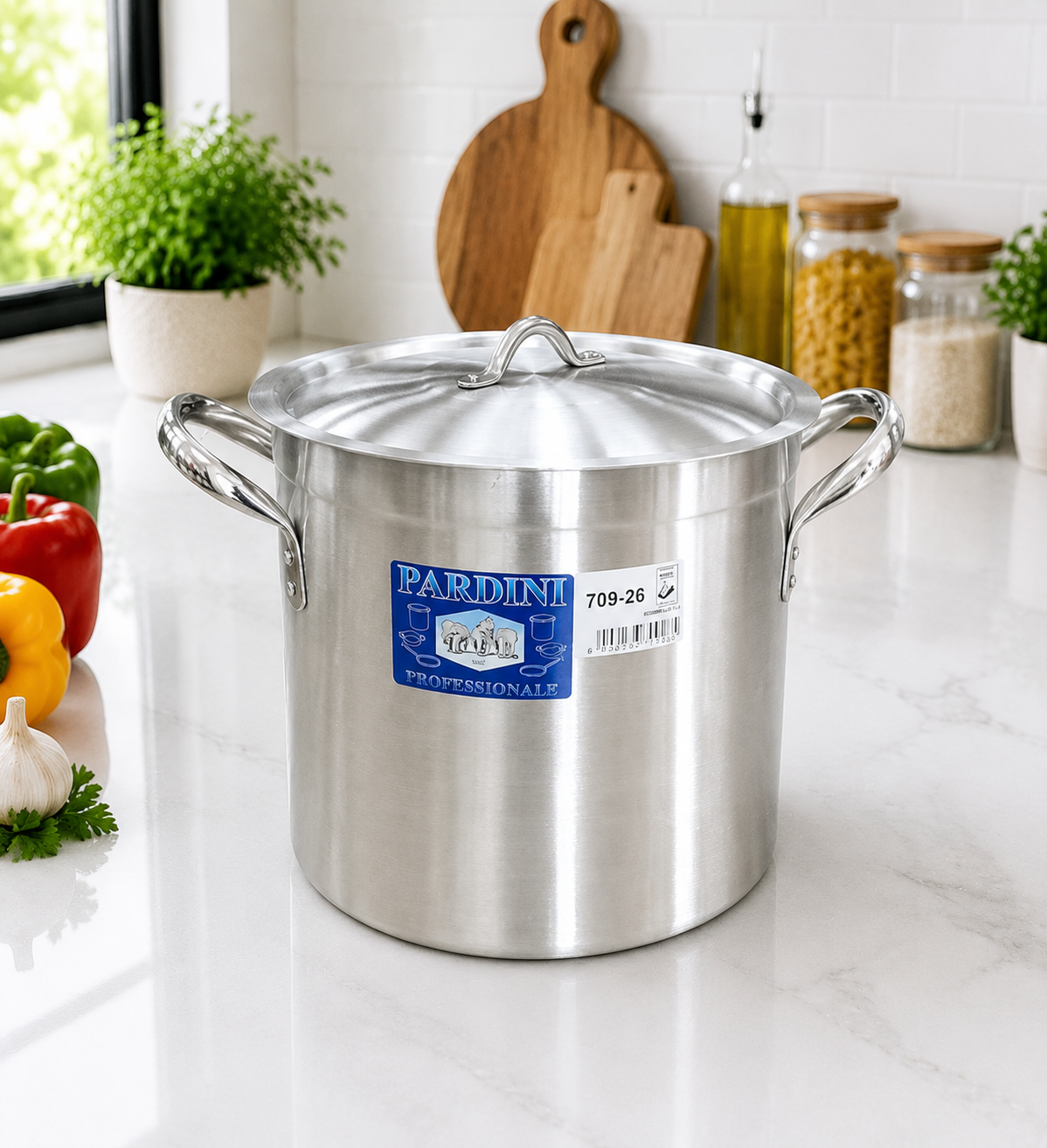 Pardini Professional 709 series heavy-duty aluminium commercial stockpot with double-riveted loop handles and lid manufactured by Kaluworks on a kitchen counter