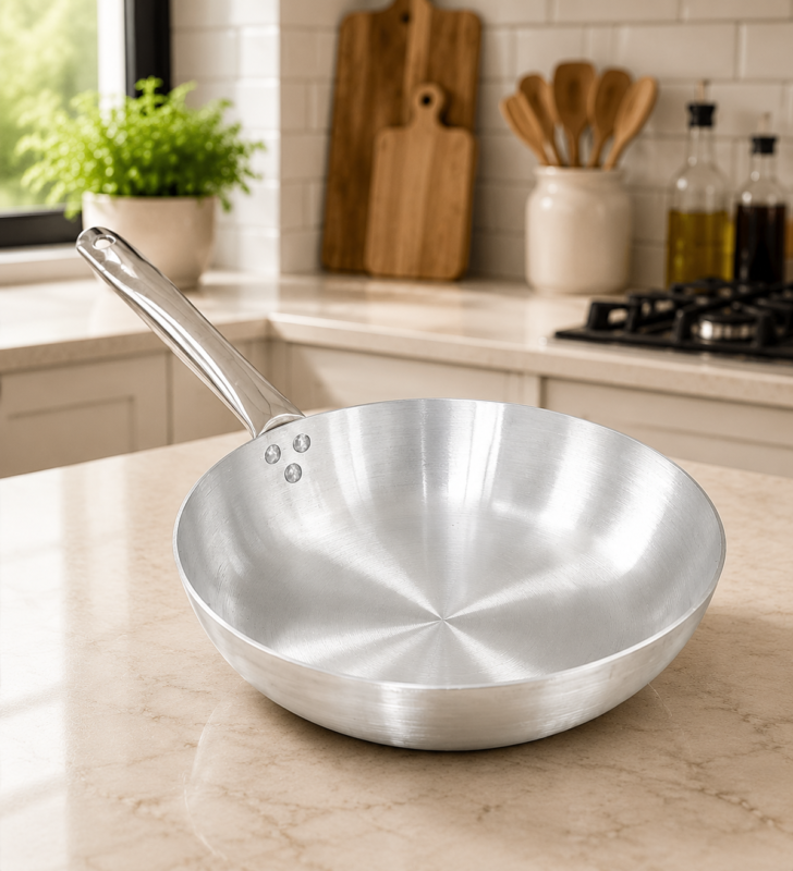 Pardini Professional 702 series aluminium frypan by Kaluworks with triple riveted stainless steel handle on a kitchen counter