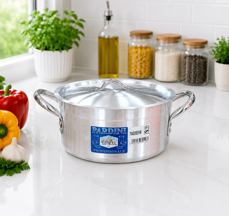 Pardini Professional medium height aluminium casserole sufuria with stainless steel handles and lid manufactured by Kaluworks on a counter