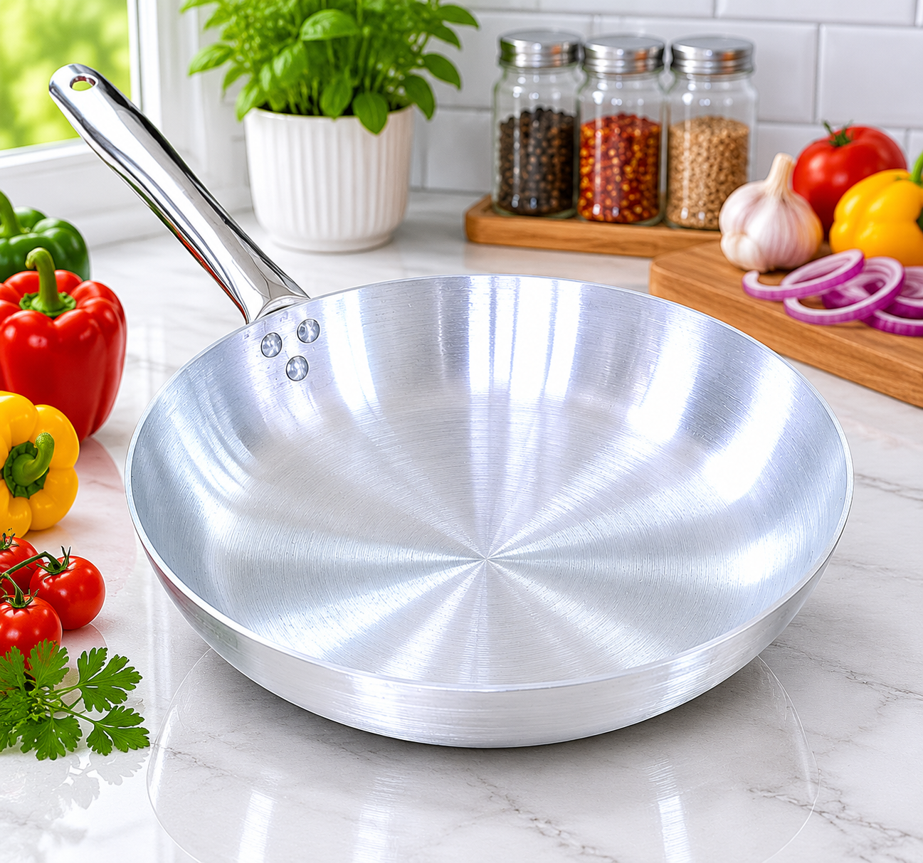 Pardini Professional 700 series polished aluminium omelette pan by Kaluworks with triple riveted long handle on a marble kitchen counter