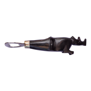 Hand-carved African ebony wood bottle opener shaped like a rhinoceros with a metal opener.