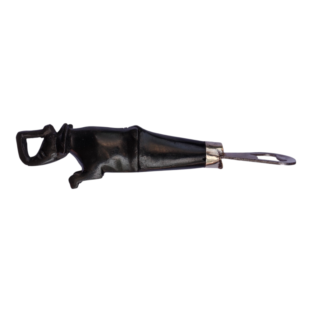 Hand-carved African ebony wood elephant bottle opener made in Kibera Kenya with a durable metal head.