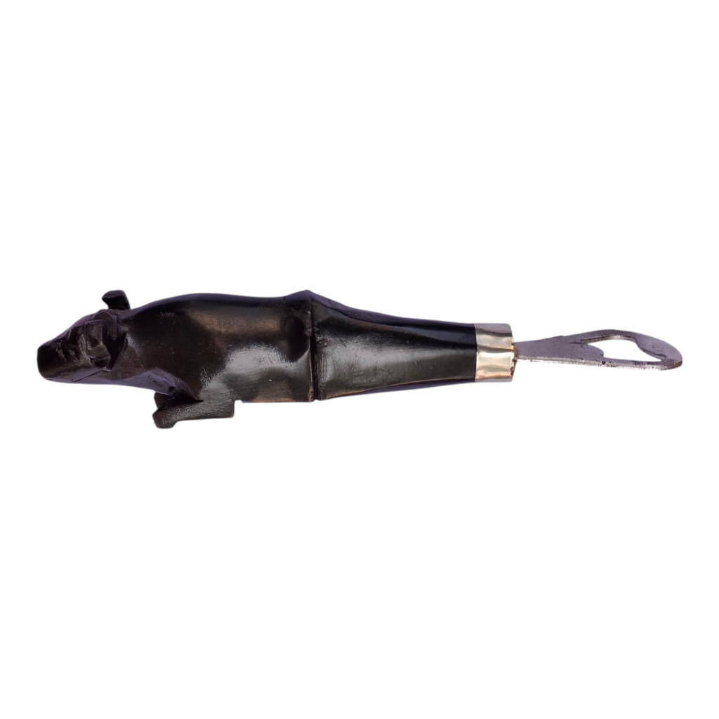 Hand-carved Kenyan ebony wood bottle opener shaped like a hippo, made in Kibera.