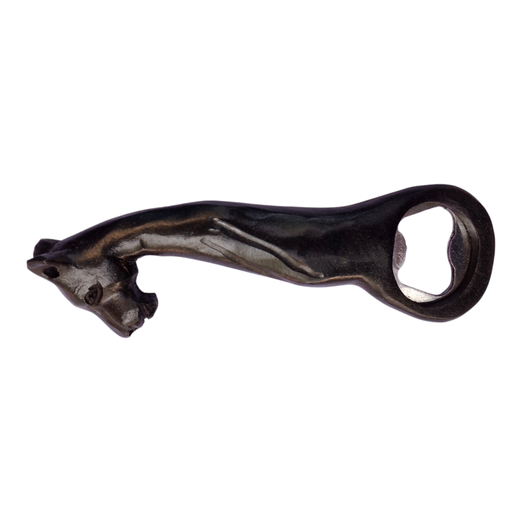 Hand-carved Kenyan ebony wood bottle opener shaped like a cheetah, crafted by Kibera artisans with an integrated metal opener loop.