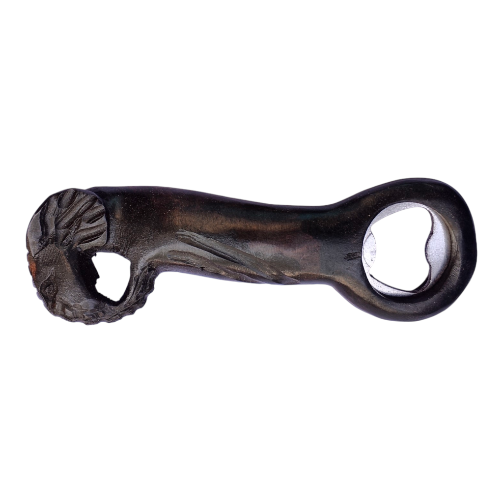 Hand-carved Kenyan ebony wood bottle opener shaped like an elephant with an elongated trunk, crafted by Kibera artisans.