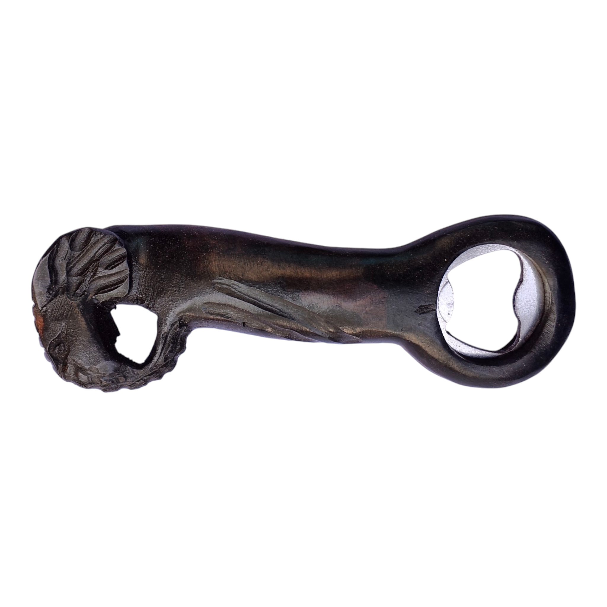 Hand-carved Kenyan ebony wood bottle opener shaped like an elephant with an elongated trunk, crafted by Kibera artisans.