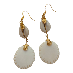 a pair of white Bone and cowrie shell hook earrings